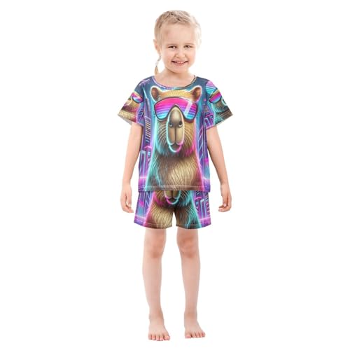 Capybara Cyber City Pajama Set Short Sleeve Summer Pajamas Sleepwear Nightwear Set Cotton 5Y3