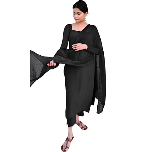 Image of Anveri Textiles Women's Cotton Blend Kurti with Square Neck Long Sleeves Solid Pattern A Line Style Ankle Length and Dupatta Set