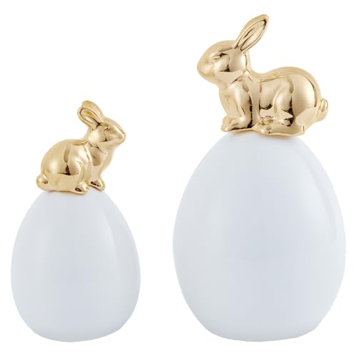 DN DECONATION Decoraciones de Conejo de Pascua, 2 Figuras de Conejo Dorado Sentado en Huevos Blancos para decoración del hogar en Interiores de Primavera, estatuas de Conejo de Porcelana, Centro de