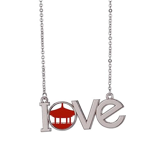 Kina paviljong kultur kontur mönster kärlek halsband hänge berlock smycken, Medium