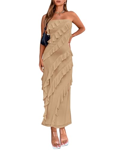 BTFBM Women Summer Elegant Strapless Midi Ruched Bodycon Dress Solid Color Stretch Mesh Slim Party Cocktail Dresses