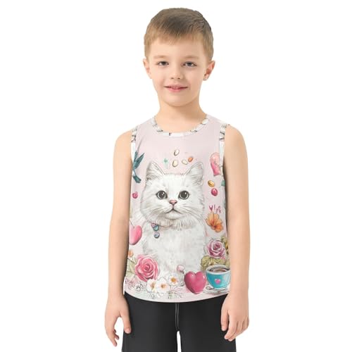 Bolaz Boys Athletic Quick Dry Tank Top Sleeveless Workout T Shirts Age 11-15,Cartoon Cat and Floral2