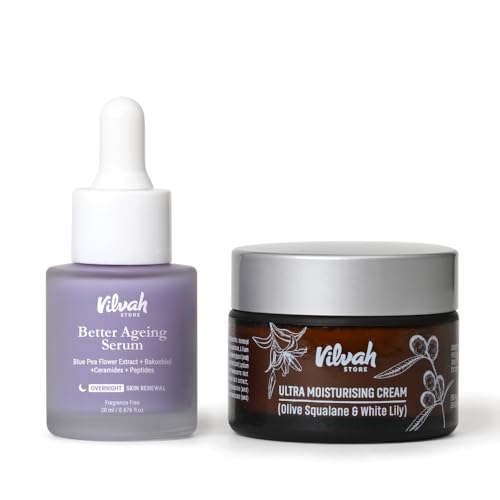 Image of Vilvah Better Ageing Combo | Bakuchiol Serum & Ultra Moisturising Cream | Visibly Firmer Skin & Wrinkle Reduction | Deep Hydration & Skin Barrier Repair | Beginner-Friendly & Pregnancy-Safe | For All Skin Types | Men & Women