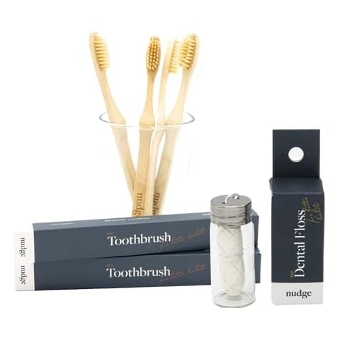 Nudge All Natural Bamboo Toothbrushes (Pack of 8) Clean Sustainable Silk Floss, Mint Flavor Strong Floss Made with Silk and candelilla Wax Cover