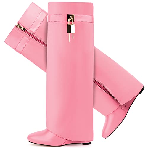 Image of Fold Over Boots for Women Pointy Pull-on Wedge Heel Knee Shark Boot With Side Zipper Padlock Design