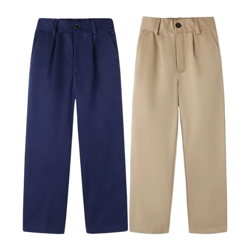 Image of HILEELANG Boys Chino Pants School Dress Pants Straight Leg with Pockets | Cotton Blend Fabric, Elastic Back Waist, Classic Chino Style, Side Pockets, Perfect for School Uniforms and Everyday Wear