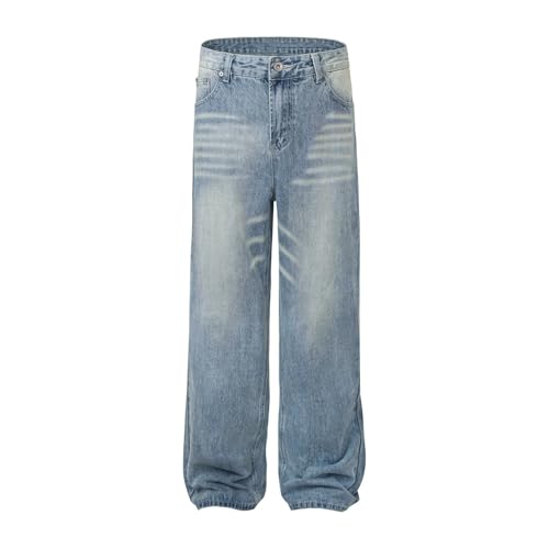 Jeans Pants Trousers Denim Retro Trendy Washed Blue Straight Leg Mid Waist Loose for Men3