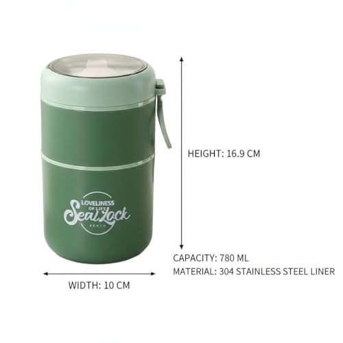 Image of 780ml Stainless Steel Lunch Box with Spoon, Handle, Leak Proof Small Container for Snack, Diet & Prep Food, Stackable Stainless Steel 2 Tier Men's Lunchbox for Work (Green)