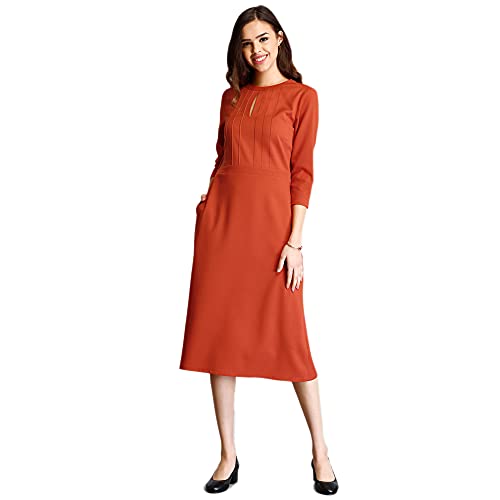 Image of FableStreet Women's Polyester Stylised Neck Pintuck Midi Dress