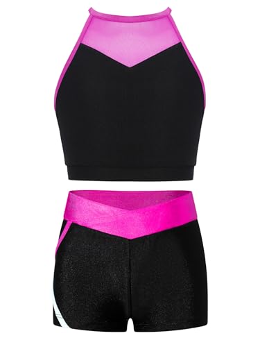 Kids Girls Athletic Sports Outfit Crop Tank Top With Booty Shorts Set For Gymnastic Dance Training Hot Pink 12 Years