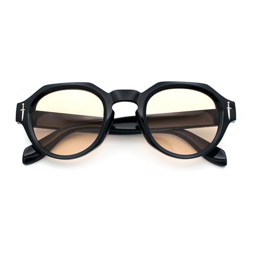 Round Keyhole Bridge Vintage Horn Rim Dagger and Shield Logo Sunglasses