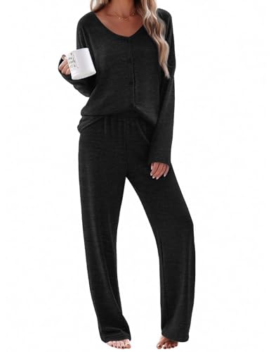 Ekouaer Womens Pajama Sets Button Up Long Sleeve Pjs Soft Lounge Set 2 Piece Sleepwear with Pockets