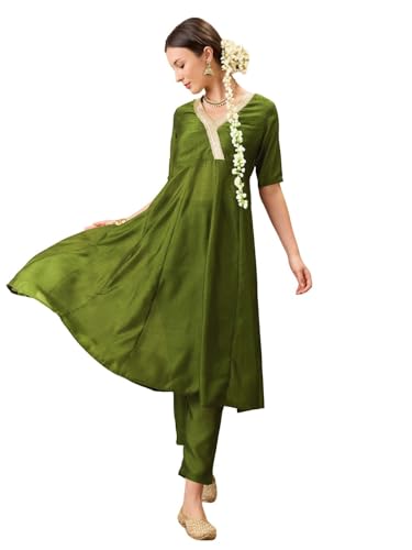 Image of Globus Women Kurta Set (GS578722 Olive Green S)