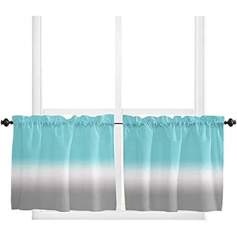 Curtain Valances Gradient Teal White Grey Window Curtain Valance Rod Pocket, Modern Ombre Color Window Treatment Rod Pocket Valance for Bedroom Bathroom, 2 Panel 27.5x24 inch Cover