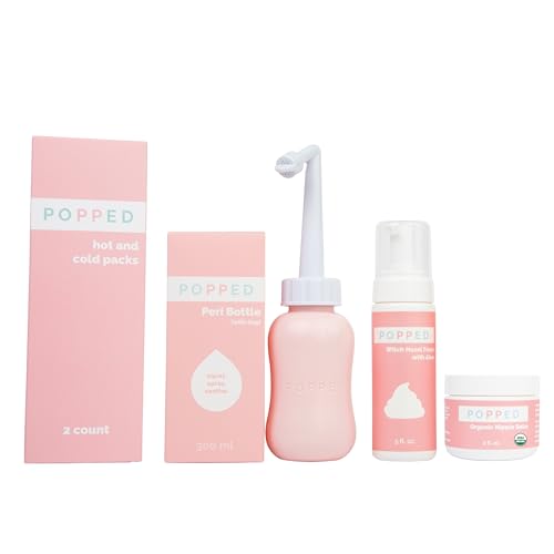 Image of Popped New Mom Care Bundle & Baby Shower Gift Set - Peri Bottle, Witch Hazel Foam, Organic Nipple Balm, Hot/Cold Packs (2 Count) | Postpartum Essentials Bundle