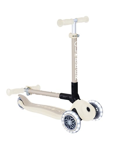 GLOBBER JUNIOR Foldable Lights ECO - Tretroller, 120/80 mm, ABEC 9, 3-r&auml;drig, LED-Leuchtrollen, kokos wei&szlig;