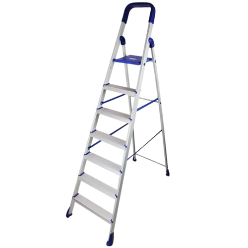 Image of CIPLA PLAST 7 Step Ladder for Home Use | Foldable Aluminium Ladder for Home with Scratch Resistant | Anti Skid Shoes and Extra Strong Wide Steps | Home Pro 7 Steps - GEC-L7 (Silver & Blue) (7 Steps)