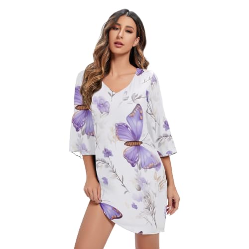 Robe de plage hawaïenne violette à manches 3/4 imprimé papillon