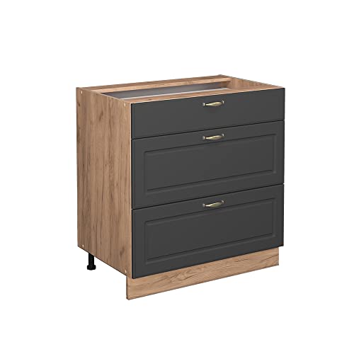 Vicco Meuble Cuisine Fame-Line, Anthracite-Or, 80cm avec 3 tiroirs, sans PT, à Combiner avec d'autres modules de la série Fame-Line