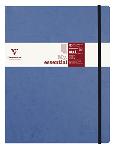 Clairefontaine 794464C Collection Age Bag Stitched MyEssential Elastic Notebook Blue, B5 19x25cm, 192 Numbered Lined Pages