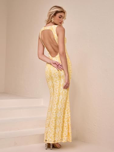 Image of Parthea Summer Wedding Guest Dresses for Women V Neck Backless Elegant Sleeveless Floral Lace Bodycon Maxi Dress