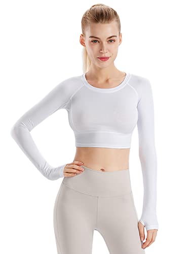 Mujer Fitness Sin Fisuras Manga Larga Crop Top Capacitación Yoga Gimnasio Running Foramen Pulgar Camisa Blanco M
