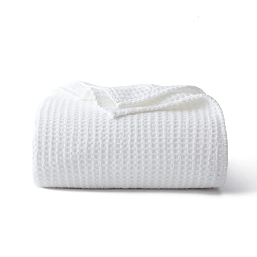 100% Cotton Waffle Blanket (White - Full Size - 84 * 90''), Pre-Washed and Anti-Shrinkage Soft Lightweight Bed & Couch Blanket, 380 GSM Waffle Weave Throw Blanket for All Seasons