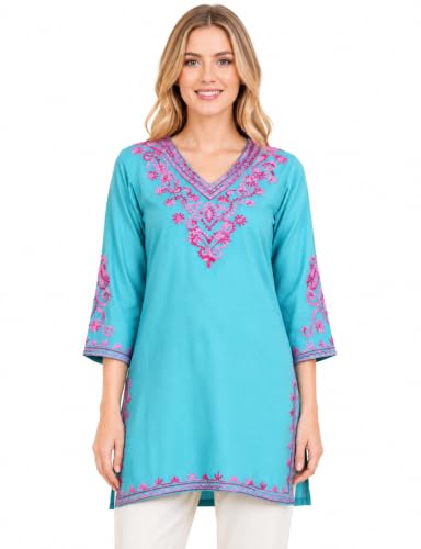 Image of Embroidered Chikankari Kurti with Kashmiri Aari Work, V-Neck, 3 /4 Sleeves, Rayon Fabric