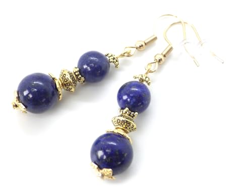 Orecchini in acciaio inossidabile placcato oro con perline di lapislazzuli blu e perline in ottone dorato