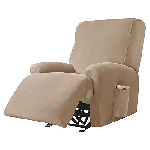 Highdi Funda de Sillón Relax Elástica para Sillón Reclinable, Funda Reclinable Terciopelo 4 Piezas con Bolsillos Laterales, Antideslizante Extraíbles y Lavables Fundas Protector (Camello)