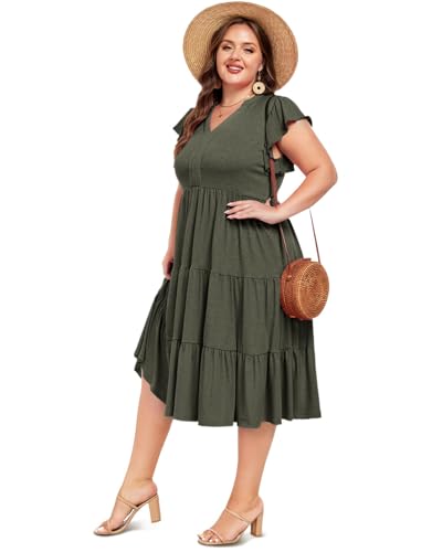 Moon Wood Womens Plus Size V Neck Ruffle Midi Dress 2025 Summer Casual Flowy Tiered Dresses with Pockets4