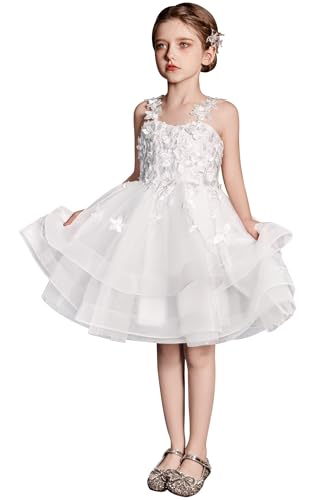 Tulle Flower Girl Dresses for Wedding Knee Length 3D Floral Appliques Pageant Dress Ball Gown with Beads
