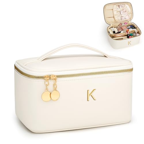 CLOUDWINGS Personalized Makeup Bag Gifts for Women Travel Cosmetic Case | Portable Large Capacity Vegan Leather Toiletry Bags | with Handle and Divider | Beige-Letter K