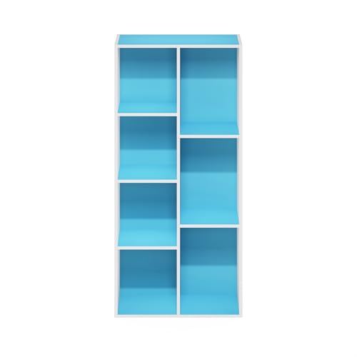 Image of Furinno LUDER Book Shelf, 7-Cube Bookshelf, Bookcase with Open Shelves, 9.4 x 19.5 x 41.7, Easy Assembly, for Living Room, Bedroom, Home Office, White /Light Blue