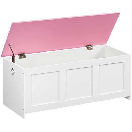 HOOBRO Storage Bench, 39.3" Retro Wooden Storage Chest, Wooden Storage Trunk, Toy Chest with Lift Top, Multifunctional Entryway Organizer, for Entryway, Living Room, White and Pink WK141CW01