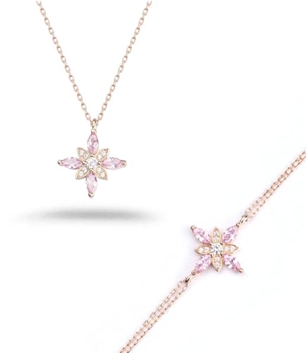 Madam Matmazel Umut Çiçeği Gümüş Takı Set, Rose Kaplama, 925 Ayar, Hediyelik, Kız, Arkadaş, Eş, Kadın Sevgili (Pembe- Beyaz Taşlı)