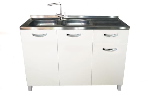 MABEL Mueble bajo fregadero de cocina con cajón blanco, organizador de madera ennoblecida con fregadero de apoyo de acero, bañeras a la izquierda con escurridor – L 120 cm x P 50 cm x H 83,5 cm
