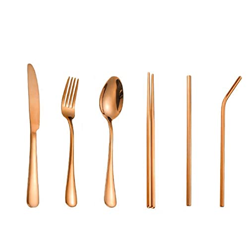 Rose gold Travel flatware set with Case Stainless Steel silverware Tableware Set,Include Knife/Fork/Spoon/Straw/Straw brush (Portable Rose gold)