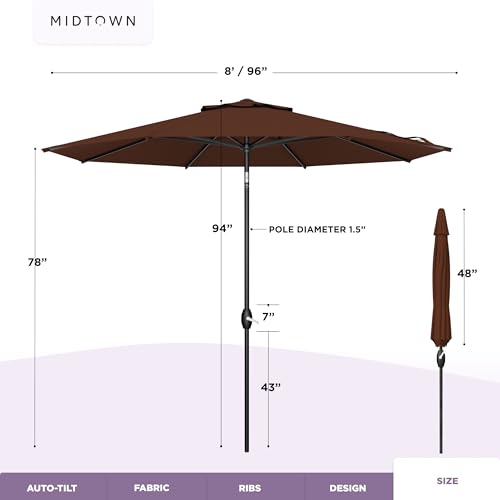Image of Midtown Umbrellas - The Lean 8 Ft Patio Umbrella with Fade-Resistant Sunbrella Fabric, Auto-Tilt Aluminum Frame and 8 Reinforced Ribs for Deck, Pool & Garden - Bay Brown Canopy, Black Pole