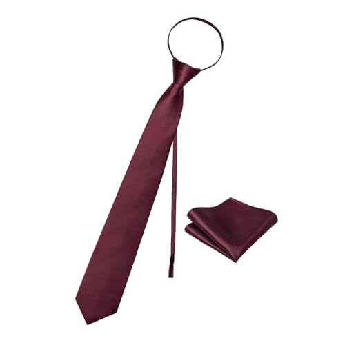 Image of YourTies Zipper Tie for Men Adjustable Pre-tied Satin Neckties and Pocket Square Set Solid Color Business Formal Wedding