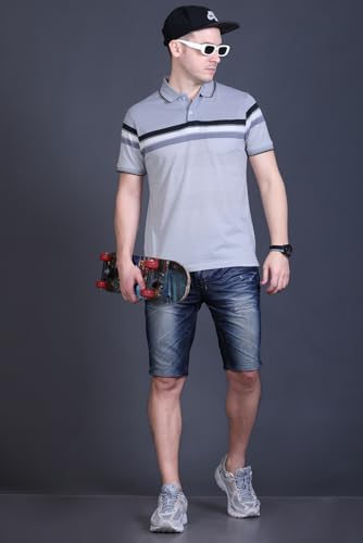 Image of GODFREY Striped Tshirt Shirts Men Cotton Polo T Shirt for Man with Pocket - Regular Fit Half Sleeve Collar T Shirts for Men