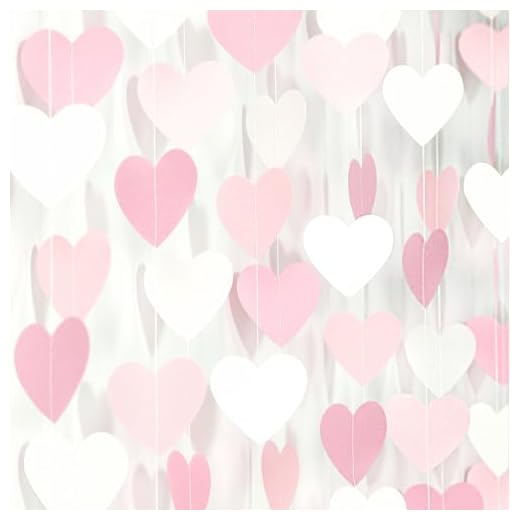 Pink-White Girls Birthday Party-Decorations Heart-Garland - 52Ft Valentines Day Proposal Galentines Wedding Paper Streamers Banner,Baby Bridal Shower Engagement Bachelorette Decor Lasting Surprise
