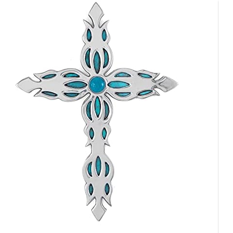 Decorative Family Wall Cross Large Metal Decorations For Home - Religious Metal Hanging Cross Wall Decor, Best For Home And As A Gift - Silver and blue with crackled glass insert Finish Wall Art Cover