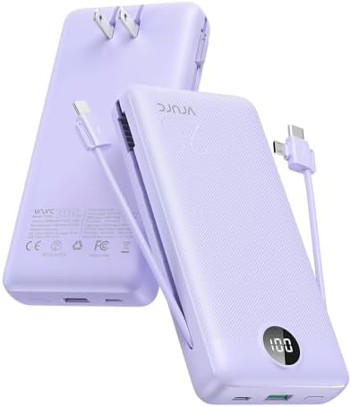 - Portable Charger 20000mAh, Fast Charging Power Bank USB C,4 Output 2 Input Travel Essentials Charging Bank Equipped with LED Display,Built-in Wall Plug and Cables,Phone Charger Battery,Purple