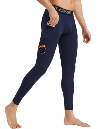 Roxdme Men Thermal Compression Pants Fleece Lined Tights Athletic Heated Leggings Cold Weather Baselayer Winter Gear Pockets Dark Navy