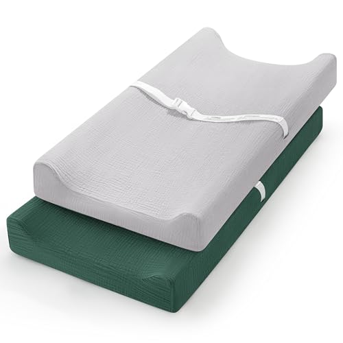 Image of Pro Goleem Muslin Changing Pad Cover for Boys and Girls, Soft Breathable Fitted Cotton Diaper Changing Table Pad Sheets, Neutral, 2 Pack (Grey&Green)