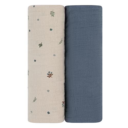 Image of Ely's & Co. Muslin Swaddle Blanket 2-Pack — 100% Cotton Muslin Extra-Large Swaddle Blankets (47” x 47”) Solid + Printed (Blue Garden Flower)