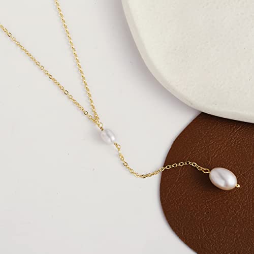 Sewyer Dainty Y Chain Pearl Drop Necklace For Women 14K Gold Plated Handmade Cultured Pearl Charm Necklaces Delicate Everyday Jewelry Gift #TOP5