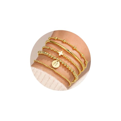 Turandoss Gold Bracelets for Women - Gold Cross Bead Bracelets Set for Women Dainty 18K-Gold-Plated Stack Bracelet Layered Initial Beaded Letter H Cuff Bracelet Jewelry Gifts for Her