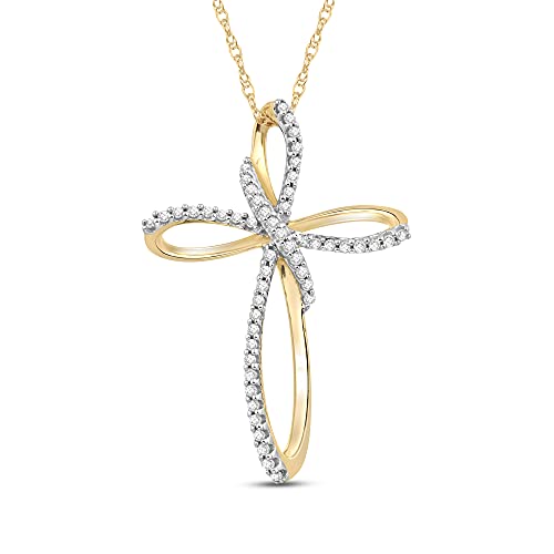 Jewelili 10K Gold Cross Pendant Necklace for Women | Rose/White/Yellow Gold | Natural White Round Diamonds | Dainty & Timeless Fine Jewelry | 18